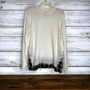Kim Rogers Cream Lightweight Sweater Knit Twofer Top with Plaid Shirt & Buttons